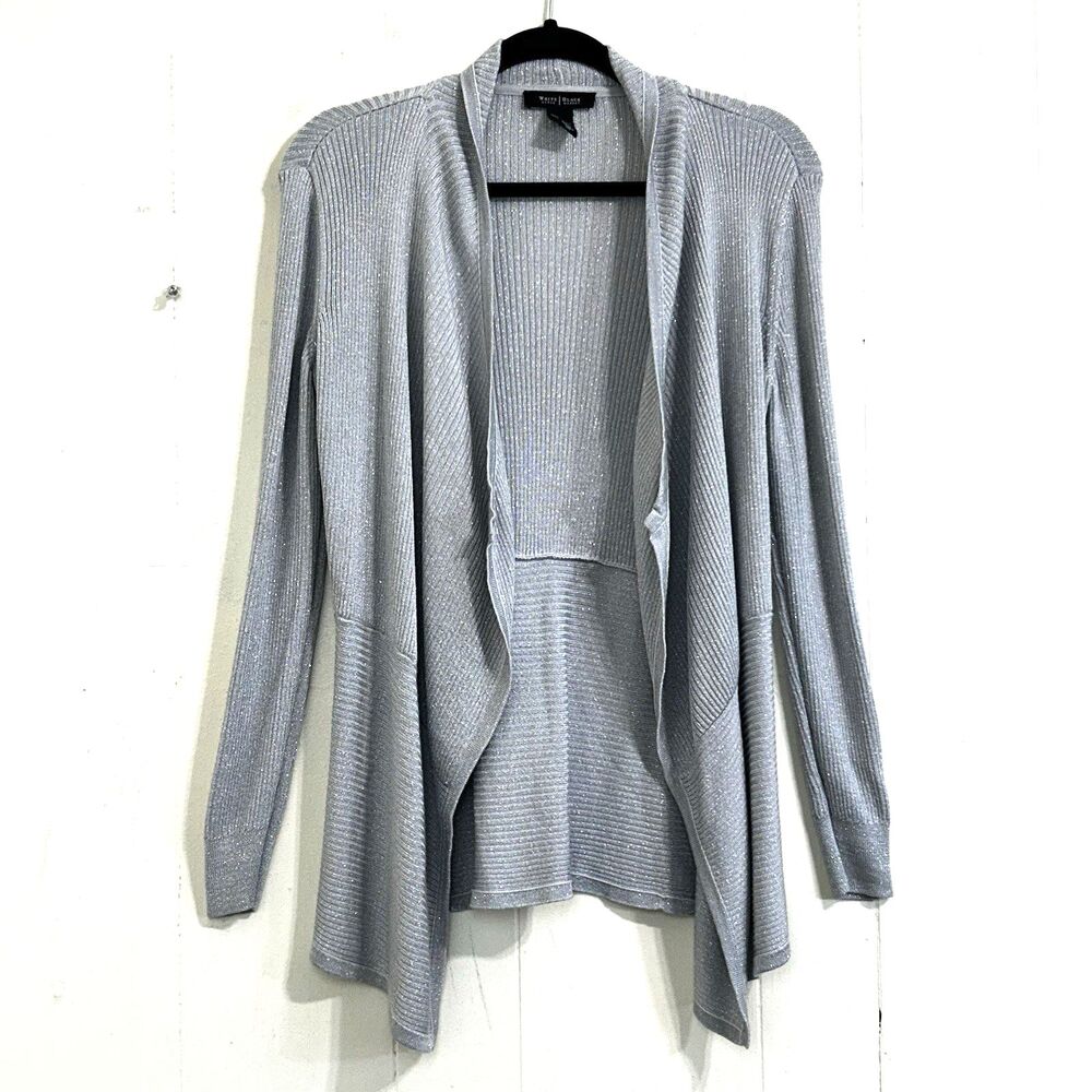 White House Black Market Cardigan Size Small Silver Sparkly Ribbed Open Front